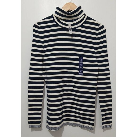 Gap womens large classic stripe turtleneck sweater blue white cotton nylon - Picture 1 of 7